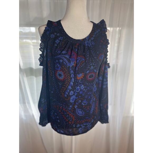 Loft Size X-Small Cut-Out Shoulder Blouse Blue Floral - Picture 1 of 5